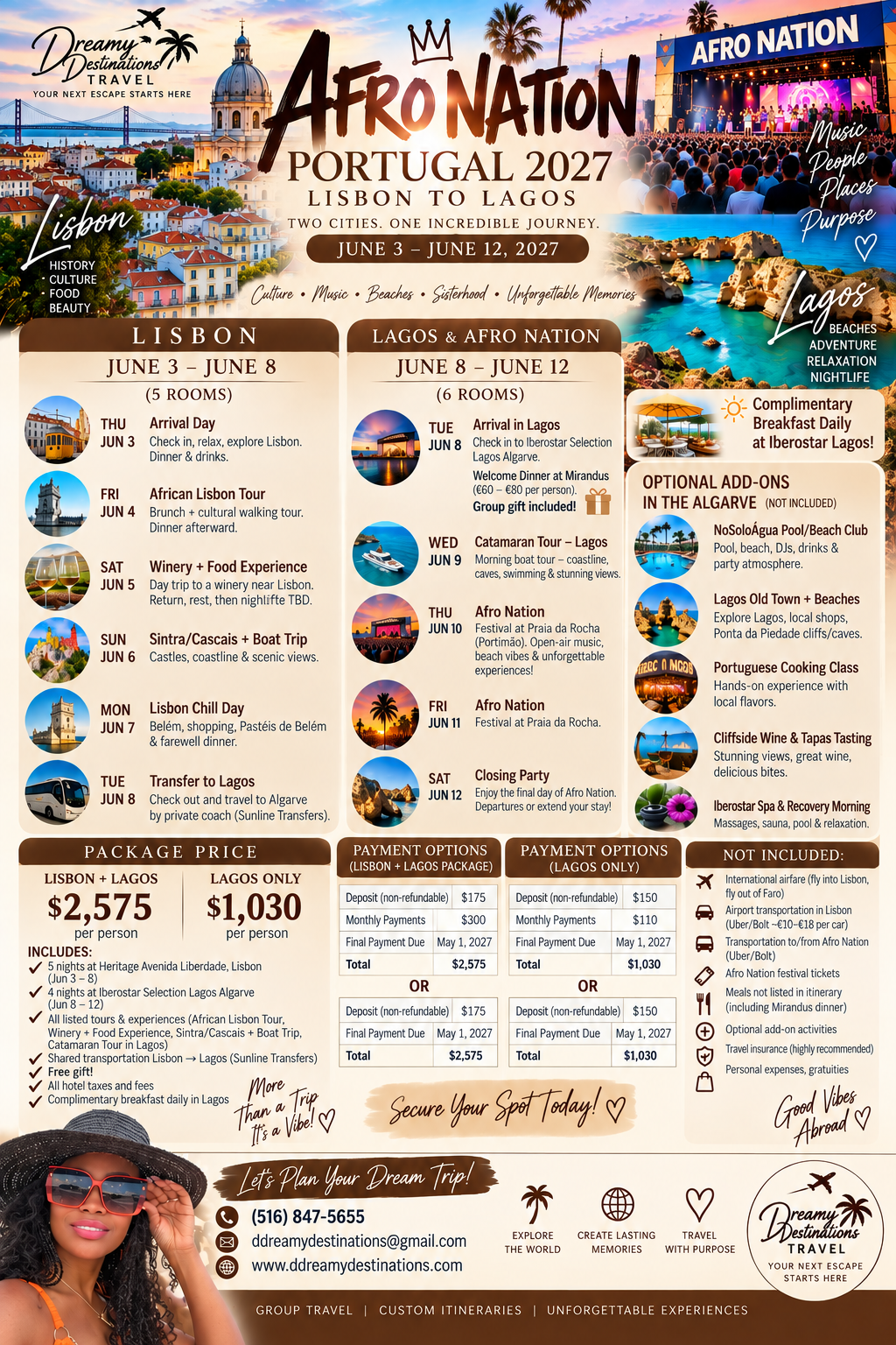 Dreamy Destinations Portugal 2027 group trip flyer with Lisbon and Lagos itinerary, pricing, and trip inclusions