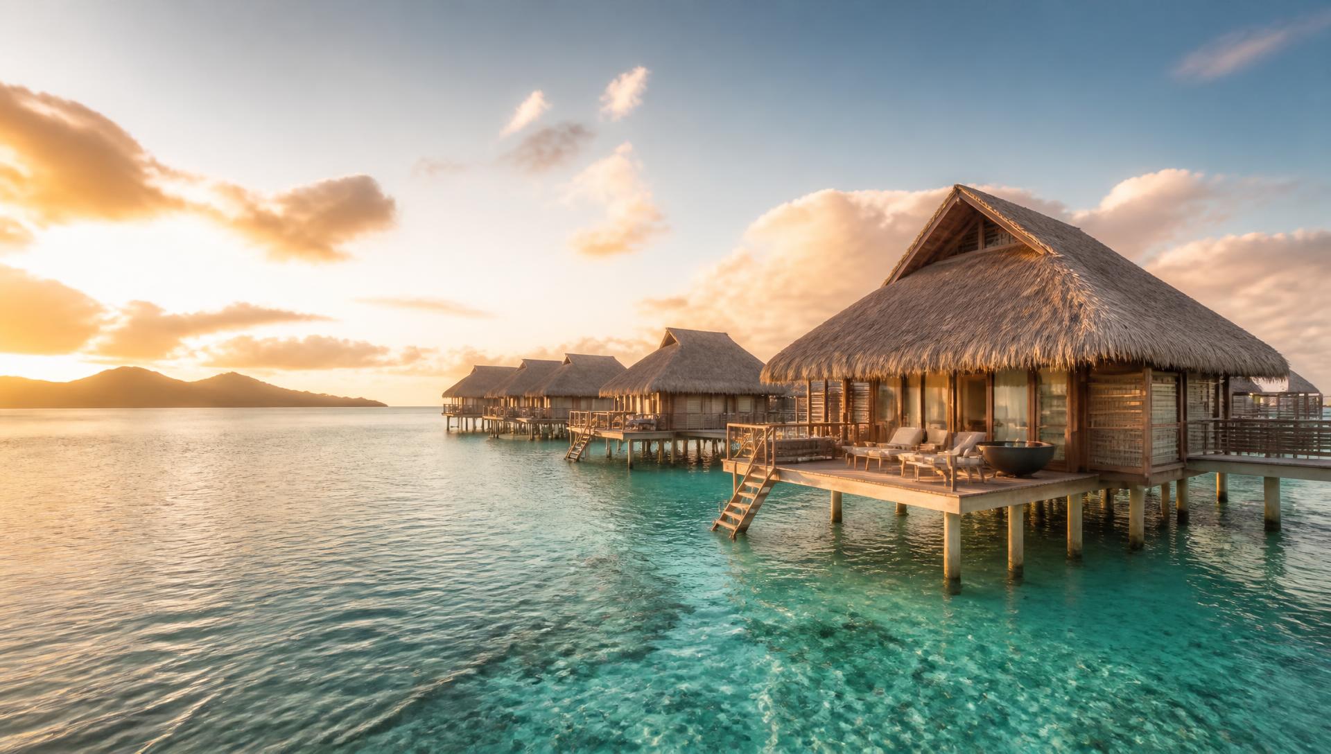 Overwater bungalows on a turquoise lagoon at golden hour