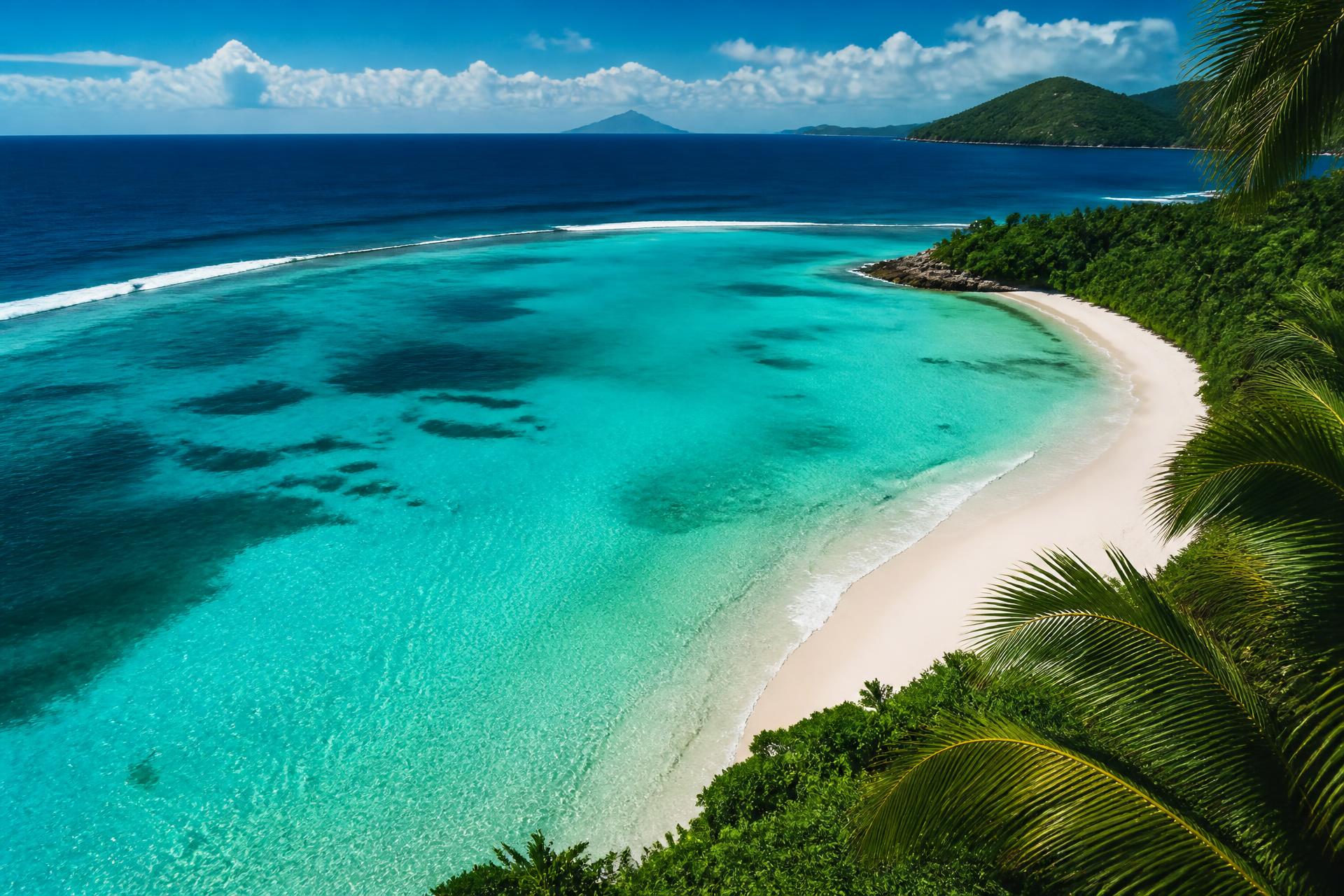 Turquoise tropical lagoon with white sand beach and palm fronds